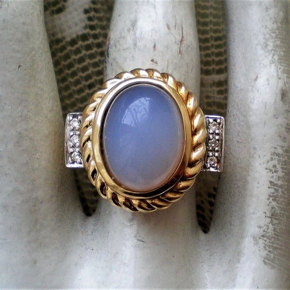 Designer Laura Ramsey 14K Yellow Gold Blue Chalcedony Diamond Cocktail Ring 12 g - Picture 6 of 12